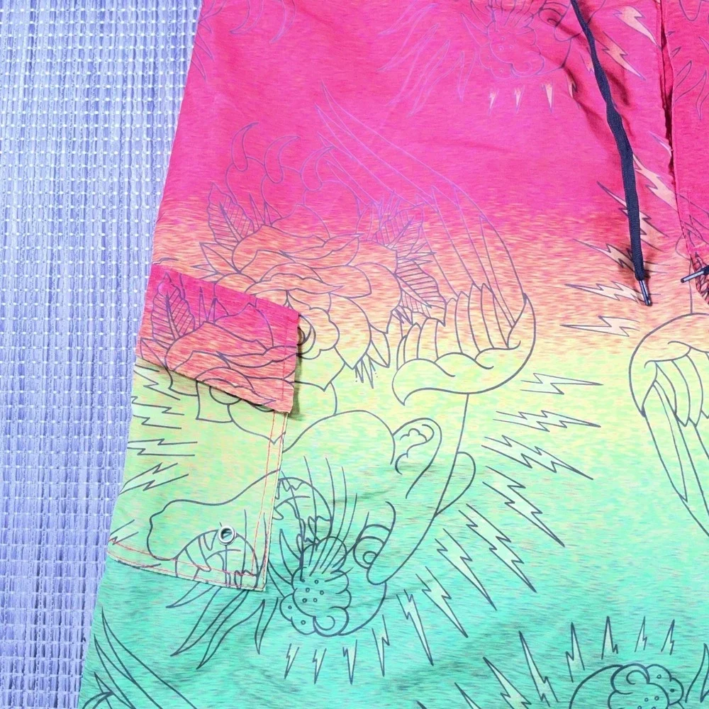 Ed Hardy Mens Rasta Gradient Board Shorts Tattoo Print Swim Trunks XL DS0898